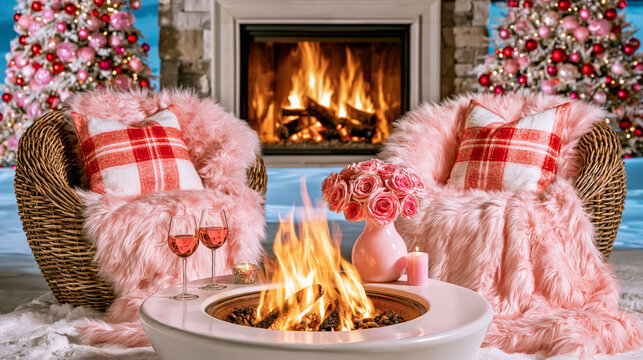 Cozy Winter Living Room with Fire and Holiday Decor