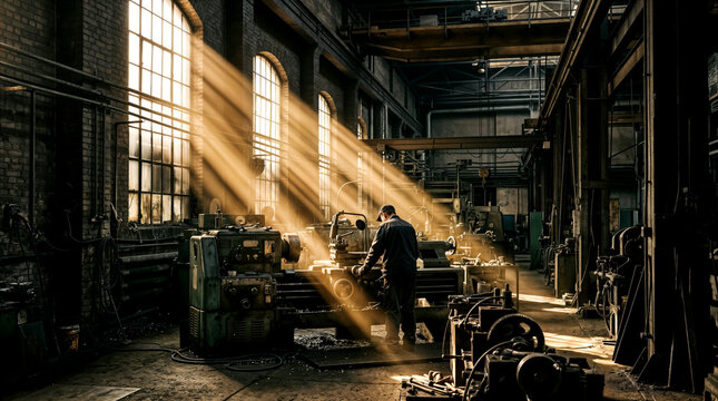 Worker operating lathe in old brick factory with sunbeams through tall windows, heavy industry and metalworking concept