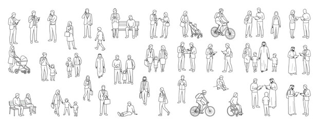 Obraz na płótnie Canvas Diverse People in Everyday Activities Architectural Vector Collection, Front View Walking Sitting Standing and Cycling Figures, Minimal Line Art for Elevation and Urban Planning