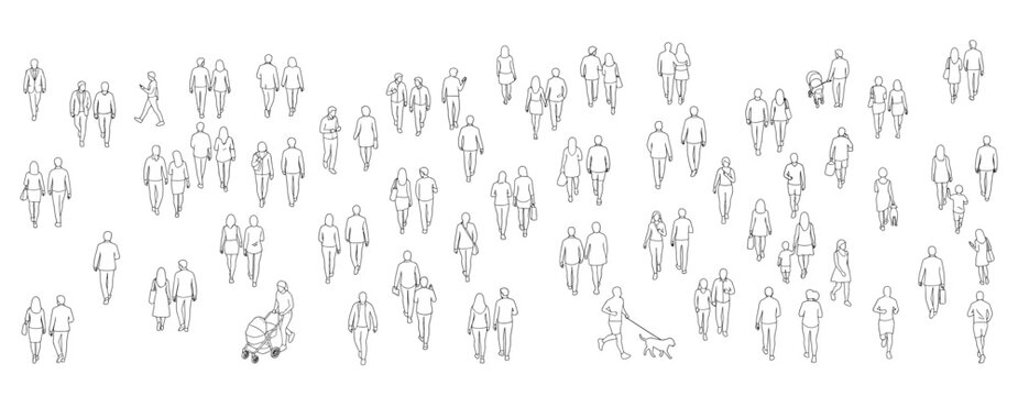 Top View Walking People Vector Set, Overhead Pedestrian Figures Seen from Behind for Architectural Floor Plans, Urban Planning, Campus Layouts and Crowd Movement Diagrams