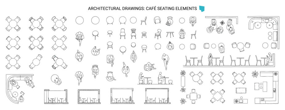 Overhead Cafe Seating Vector Collection, Top View People Dining, Reading and Talking Around Round Tables for Coffee Shop Floor Plans, Restaurant Layouts and Architectural Interior Design