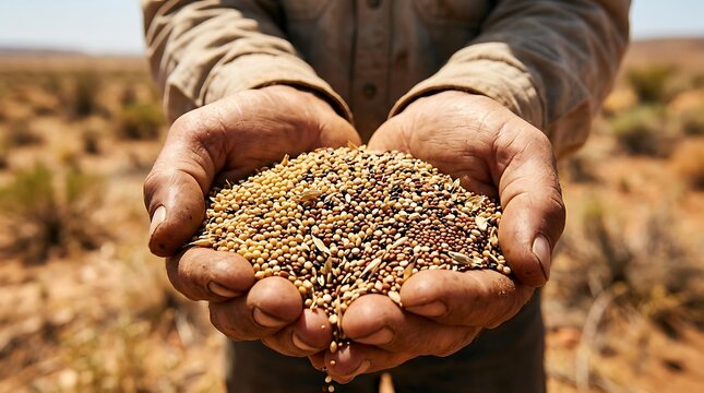 Farmer holding handful of mixed organic seeds in desert landscape