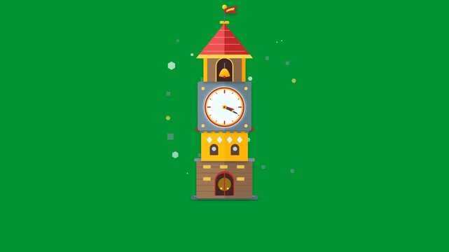 Christmas city clock tower building with spinning clock hands and floating snow particles centered on green screen chroma key background in 2D flat cartoon graphic animation