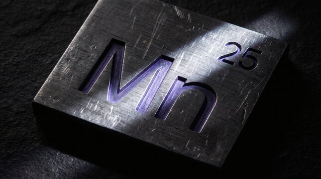 Manganese Chemical Element Symbol Mn with Atomic Number 25 on Brushed Metal Slab