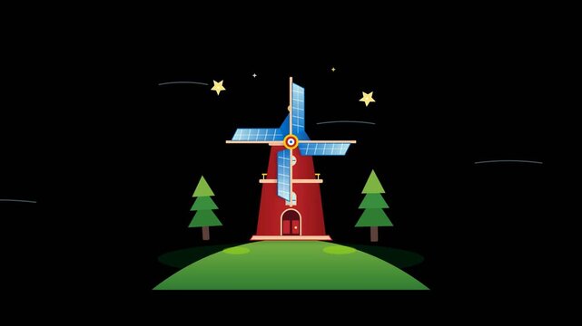Christmas city windmill with rotating solar panel blades spinning on green hill beside pine trees at night in seamless 2D vector animation loop on black background