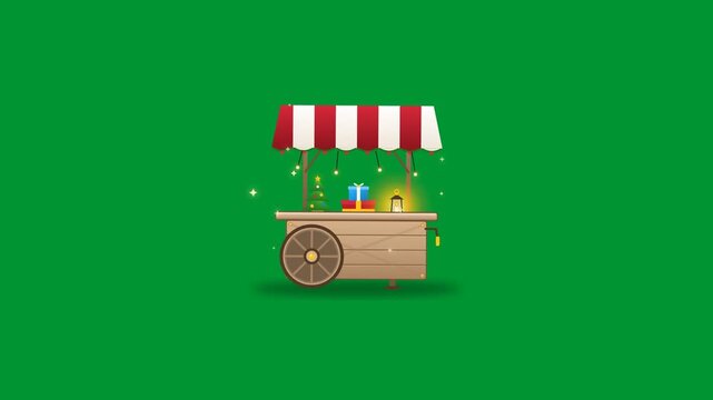 Animated Christmas city market stall cart with glowing fairy lights and gift boxes twinkling with bright particles on chroma key green screen in 2D vector style