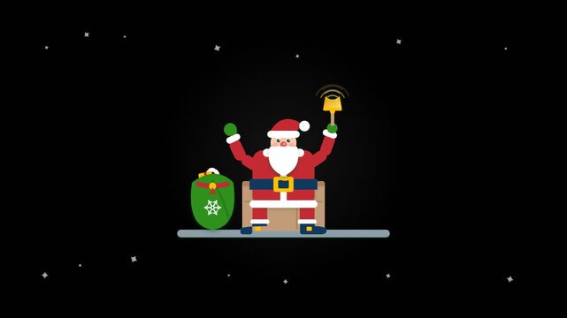 Animated Santa Claus sitting on a chimney ringing golden handbell beside green gift sack during night snowfall in a Christmas city 2D vector loop animation