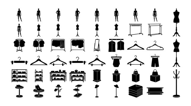 Fashion store silhouettes set with mannequins, clothing racks, hangers, bags, and shoes for retail design