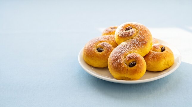 Swedish saffron buns with raisins on a pale blue background