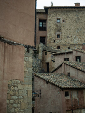 Albarrac&iacute;n medieval town architecture with traditional terracotta roofs