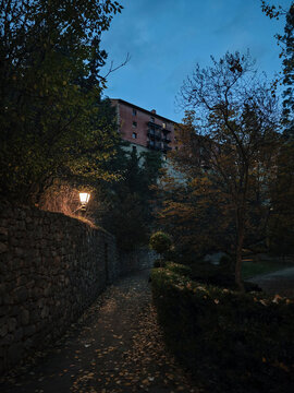 Alhambra pathway and old building at twilight
