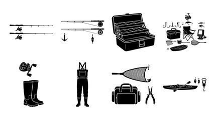 Fishing gear silhouettes set with rods, reels, tackle box, boots, waders and boat for outdoor recreation logo © Maruf