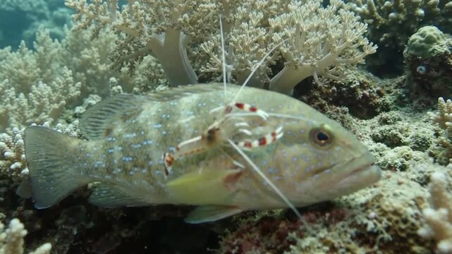 A cleaner shrimp cleaning a grouper fish on a vibrant coral reef in the deep ocean