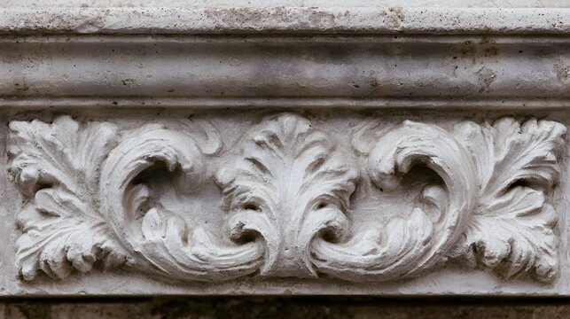 Close up of ornate stucco carving with leaf and scroll motifs on a weathered architectural ledge