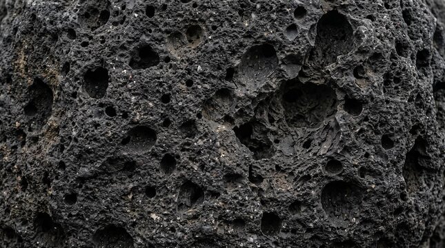 Macro texture of dark volcanic basalt filled with irregular gas cavities, rugged charcoal-black surface