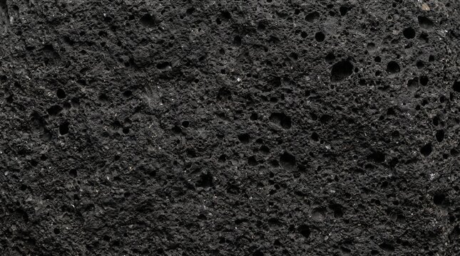 Full-frame macro texture of dark volcanic basalt filled with irregular gas cavities, rugged charcoal-black surface