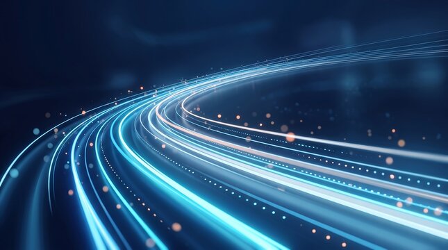 Abstract flowing blue light trails with floating particles moving through dark digital space representing high speed data transmission and internet connectivity