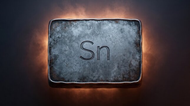 Chemical Symbol Sn for Tin Embossed on Weathered Metal Slab with Glowing Background