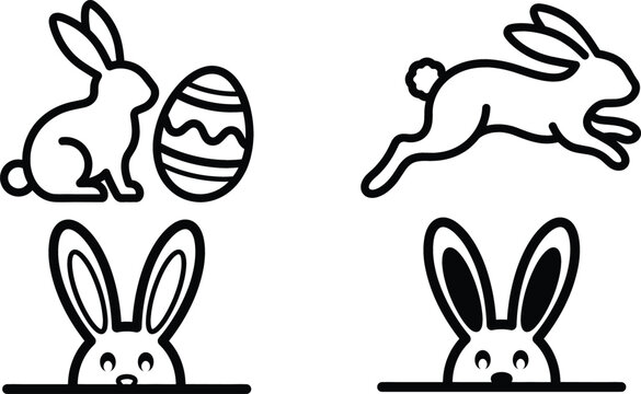 Easter bunny icon vector set with jumping rabbit egg and peeking long ears