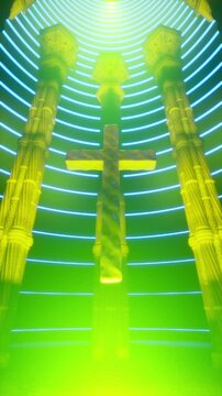 Metallic Cross with changing colored light in vertical view