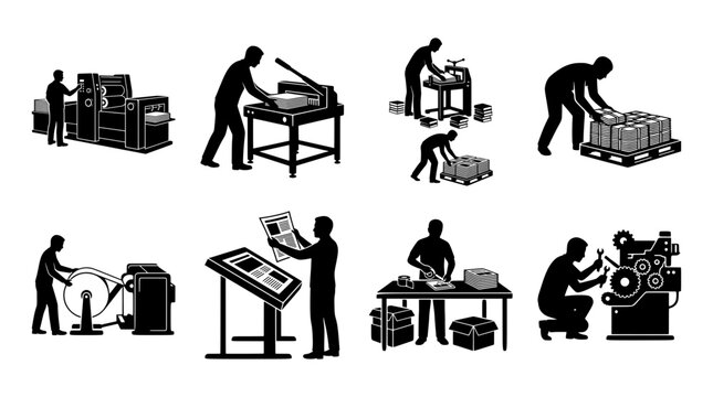 Printing industry silhouettes set with press operators, paper cutter, folder and machine maintenance for print shop signage