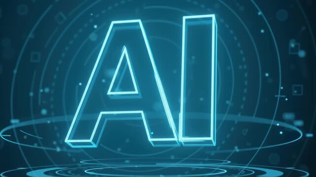 Three dimensional neon outline AI typography hovering over dark technology background