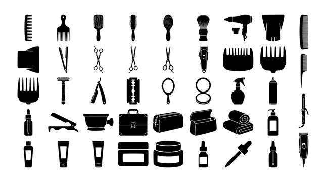 Grooming tools silhouettes set with combs, scissors, razor, dryer, and cosmetics for personal care and beauty logos