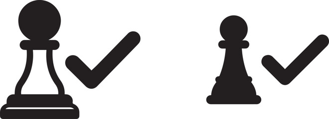 Black pawn chess piece with checkmark representing successful move, strategy, and game completion symbol. © meerobeul