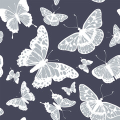 White butterflies seamless pattern on dark navy background delicate insect illustration for fabric and wallpaper © KHOKAN