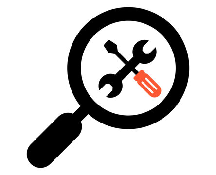 Magnifying glass over tools icon representing search for repair or maintenance services isolated on white background
