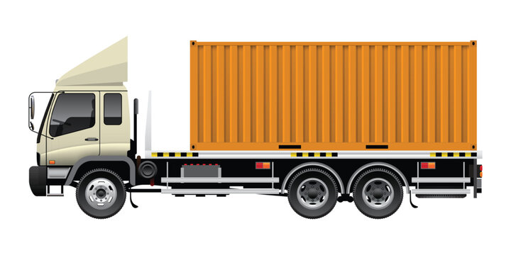 Orange shipping container on a beige truck chassis vector illustration