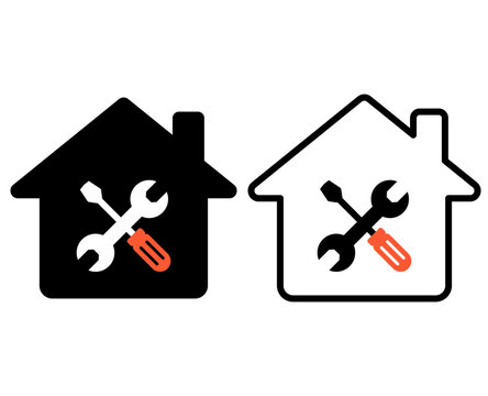 House repair and maintenance icon with wrench and screwdriver isolated on white background