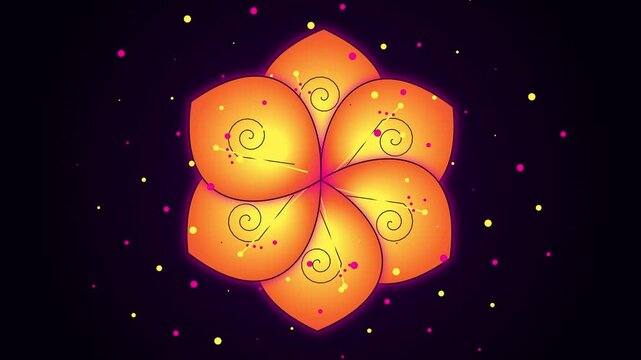 Glowing Orange Flower Animation with Floating Particle Effects on Dark Background for Motion Design