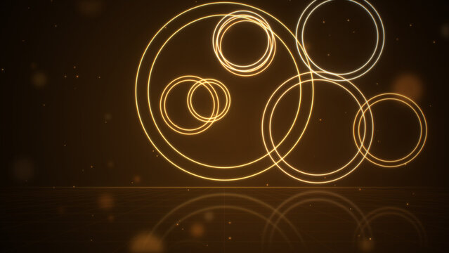 Glowing neon circles overlapping rings floating over reflective grid floor, golden amber and orange abstract geometric background