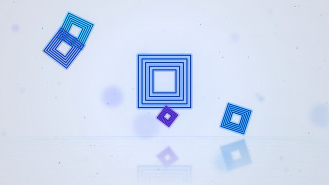Neon line squares, concentric outlines on bright white and blue background with reflection, minimal geometric design