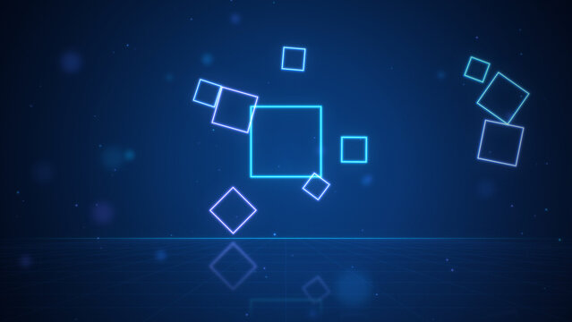 Glowing neon squares, diamonds floating over reflective grid floor, blue abstract geometric background