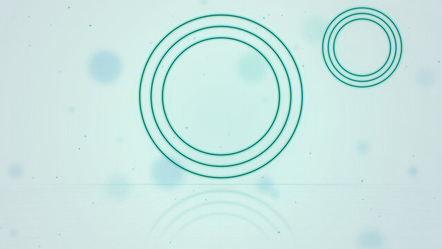 Neon line circles, concentric outlines on bright light mint and teal background with reflection, minimal geometric design
