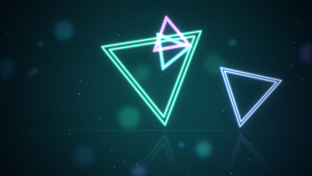 Glowing neon triangles tilted floating over reflective grid floor, teal and purple abstract geometric background