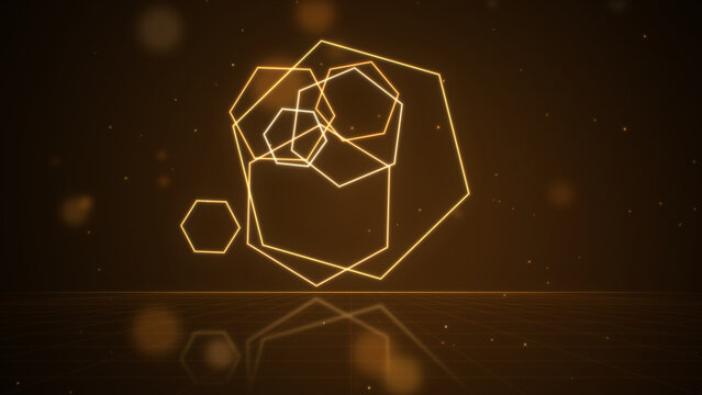 Glowing neon hexagons overlapping floating over reflective grid floor, orange and golden amber abstract geometric background