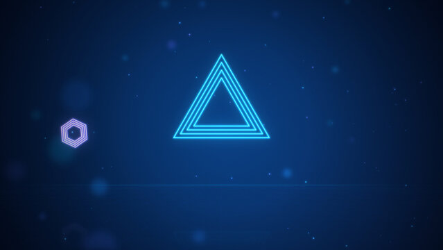Glowing neon triangles, hexagons floating over reflective grid floor, blue and dark navy abstract geometric background