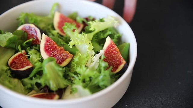 Fig Salad fresh mixed greens healthy eating, nutritious meals delicious appetizers, fresh ingredients gourmet cuisine, traditional dishes food background top view copy space keto and paleo diets veget