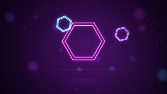 Glowing neon hexagons trio floating over reflective grid floor, purple and pink abstract geometric background