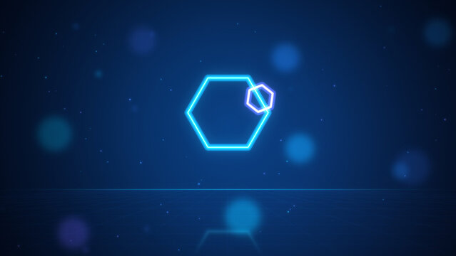 Glowing neon hexagons single floating over reflective grid floor, blue and dark navy abstract geometric background
