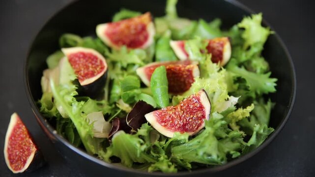Fig Salad fresh mixed greens healthy eating, nutritious meals delicious appetizers, fresh ingredients gourmet cuisine, traditional dishes food background top view copy space keto and paleo diets veget