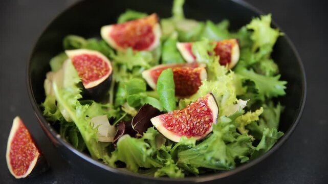 Fig Salad fresh mixed greens healthy eating, nutritious meals delicious appetizers, fresh ingredients gourmet cuisine, traditional dishes food background top view copy space keto and paleo diets veget