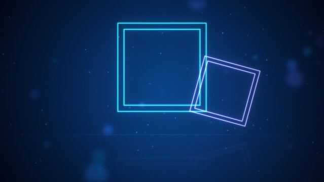 Glowing neon squares pair floating over reflective grid floor, blue and purple abstract geometric background