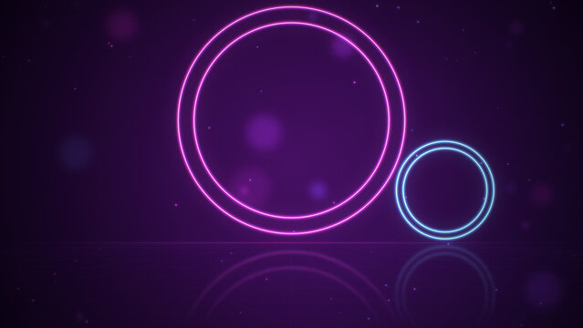 Glowing neon circles double rings floating over reflective grid floor, purple and pink abstract geometric background