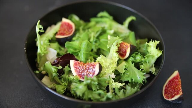 Fig Salad fresh mixed greens healthy eating, nutritious meals delicious appetizers, fresh ingredients gourmet cuisine, traditional dishes food background top view copy space keto and paleo diets veget
