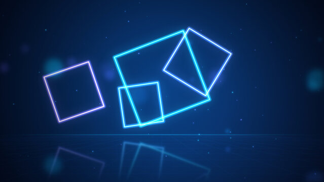 Glowing neon squares overlapping floating over reflective grid floor, blue and purple abstract geometric background