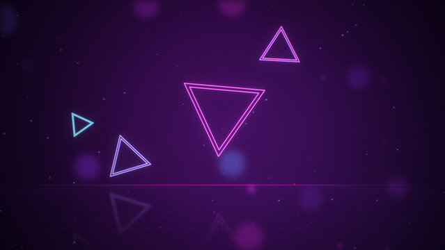 Glowing neon triangles scattered floating over reflective grid floor, purple and pink abstract geometric background